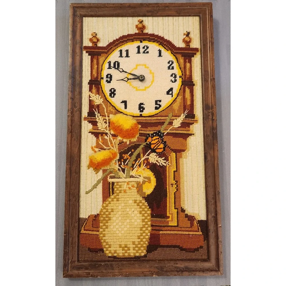 Vintage Needlepoint Wall Clock Grandfather Clock‎ Floral Butterfly Wood Frame